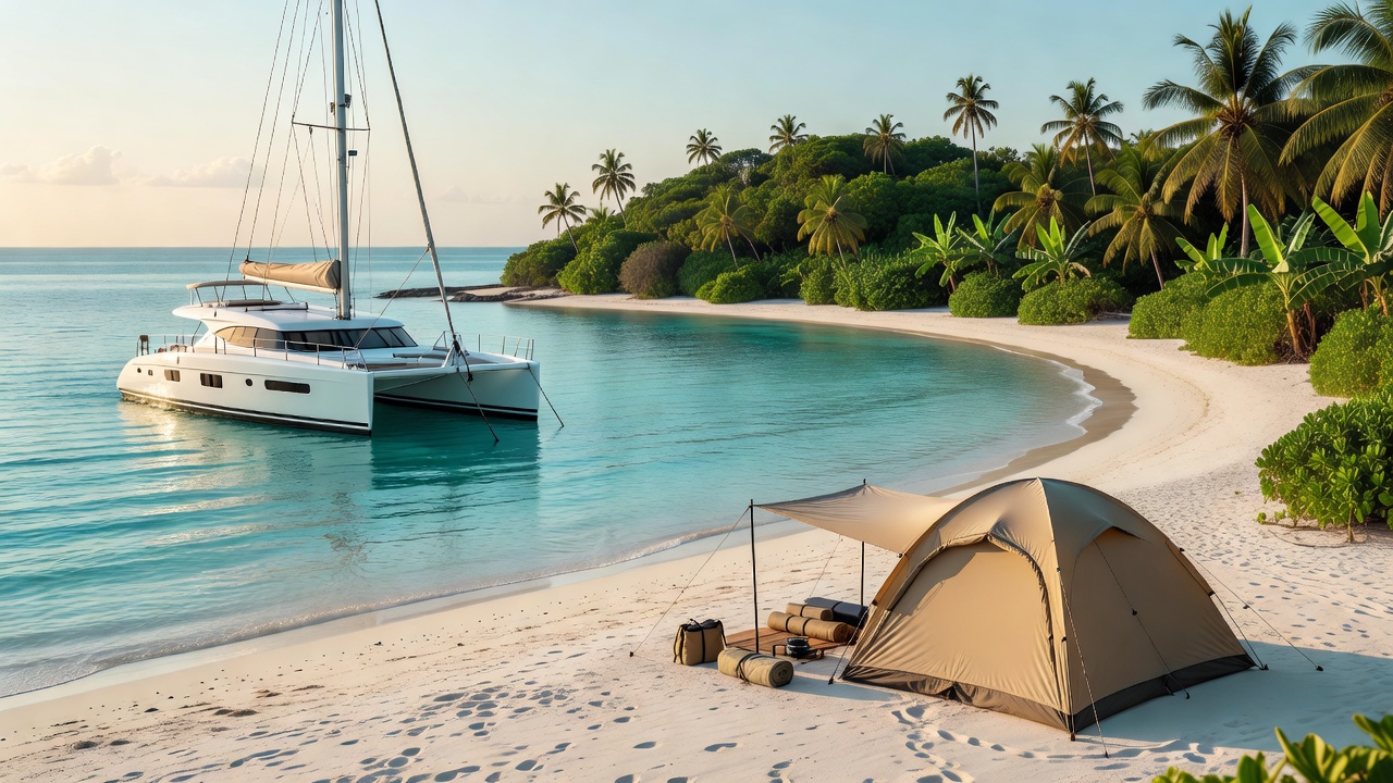 Offshore camping yacht anchored near uninhabited tropical island with beach tent setup