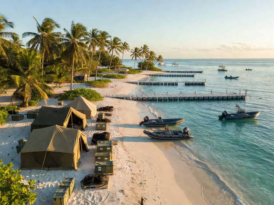 Offshore marine basecamp layout on tropical island shore