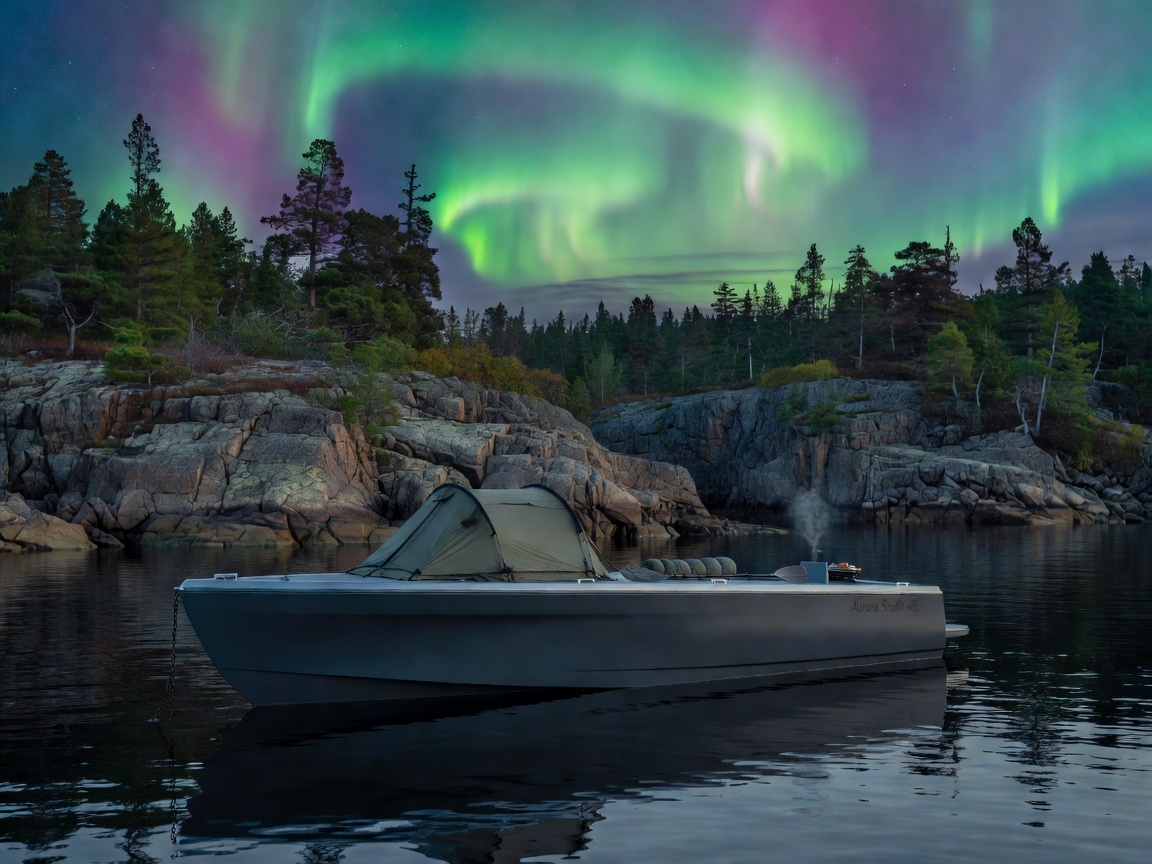 Sortsycompss Aurora Stealth 48 Camping Yacht anchored off remote coastline